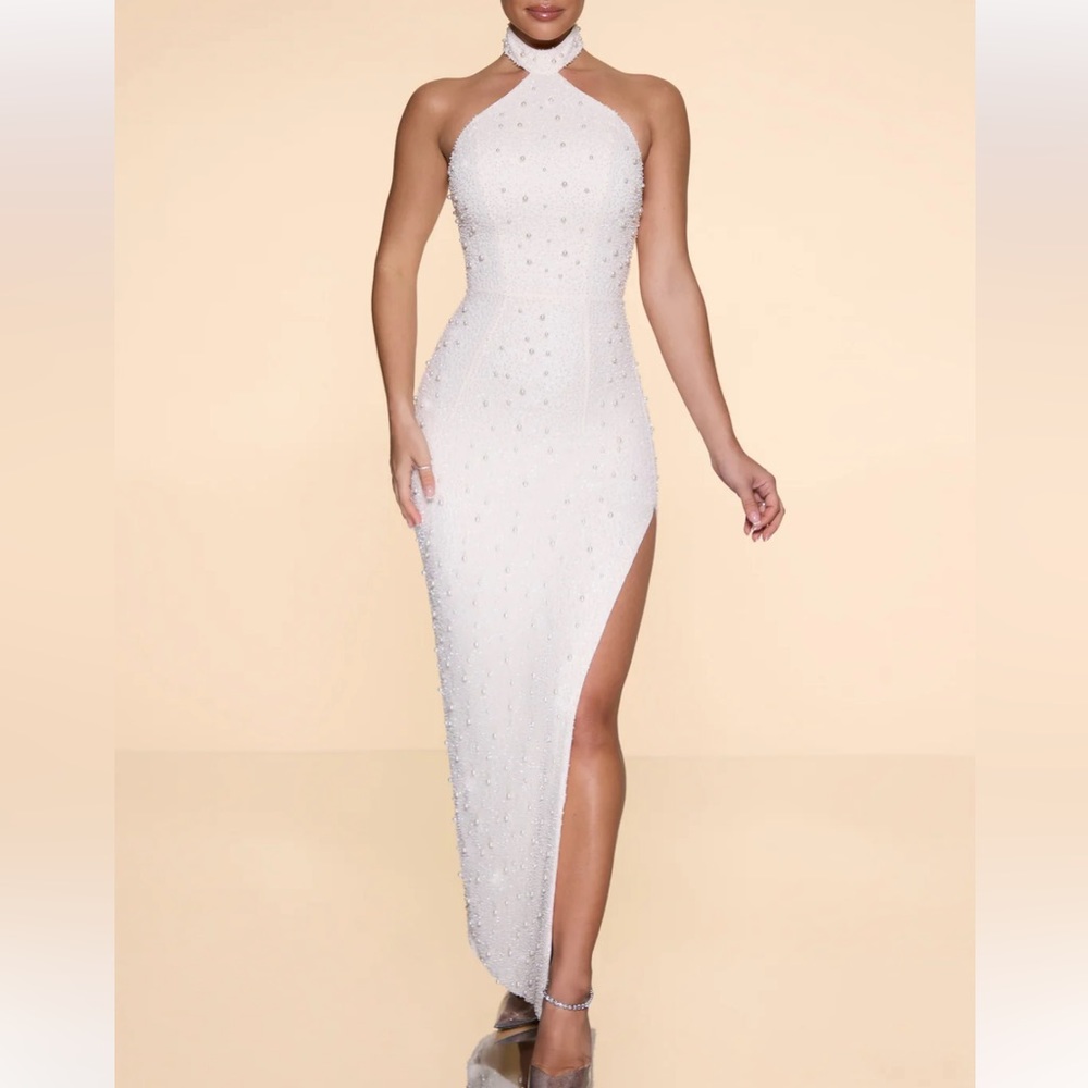 POSITANO Embellished High Neck Split Maxi Dress in Ivory